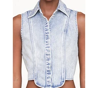 Avec Les Filles Women's Sleeveless Tuxedo Cotton Denim Shirt