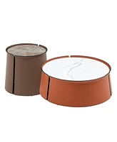 31.5" Coffee Table, Marble Top+Orange Saddle Leather Body+Iron Frame