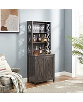 Wine Bar Cabinet with for Wine Glass Rack, Wood Frame Side Home Source Bar Cabinet and Hollow out Barn Design Wood Cabinet L26.75''W15.13''H66.1'' Cha