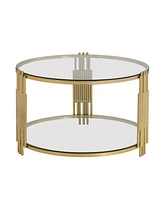 Modern Glass Coffee Table in 31.5", Asymmetrical Metal, Circular Metal Drum Base, Gold Finish & Lower Shelf
