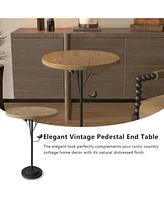 Modern Round Side Table for Small Spaces, Metal Leg, Natural