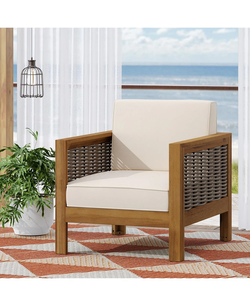 Acacia Wood Club Chair, Wicker Accents, Teak Finish