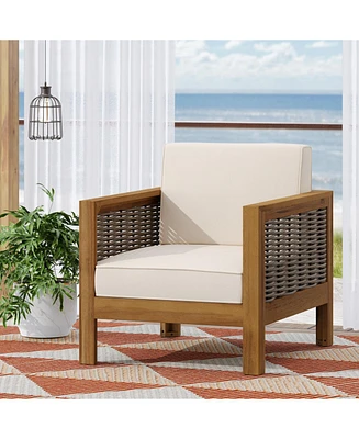 Acacia Wood Club Chair, Wicker Accents, Teak Finish