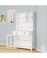 71" Pantry Cabinet w/ Microwave Counter, Adjustable Shelves - White