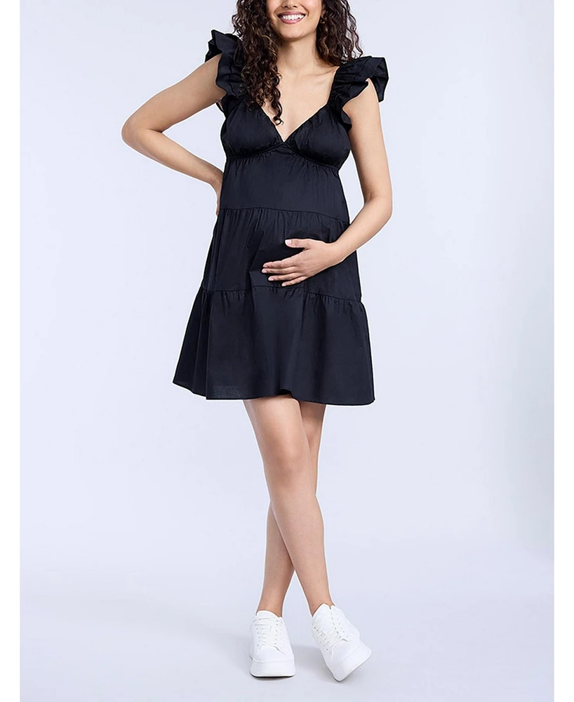 Motherhood Maternity V Neck Flutter Sleeve Tiered Mini Dress