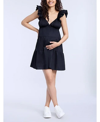 Motherhood Maternity V Neck Flutter Sleeve Tiered Mini Dress