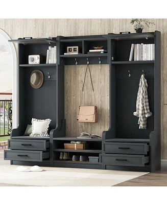 4-in-1 Hall Tree: Storage, Hooks, Drawers & Bench - Antique Blue