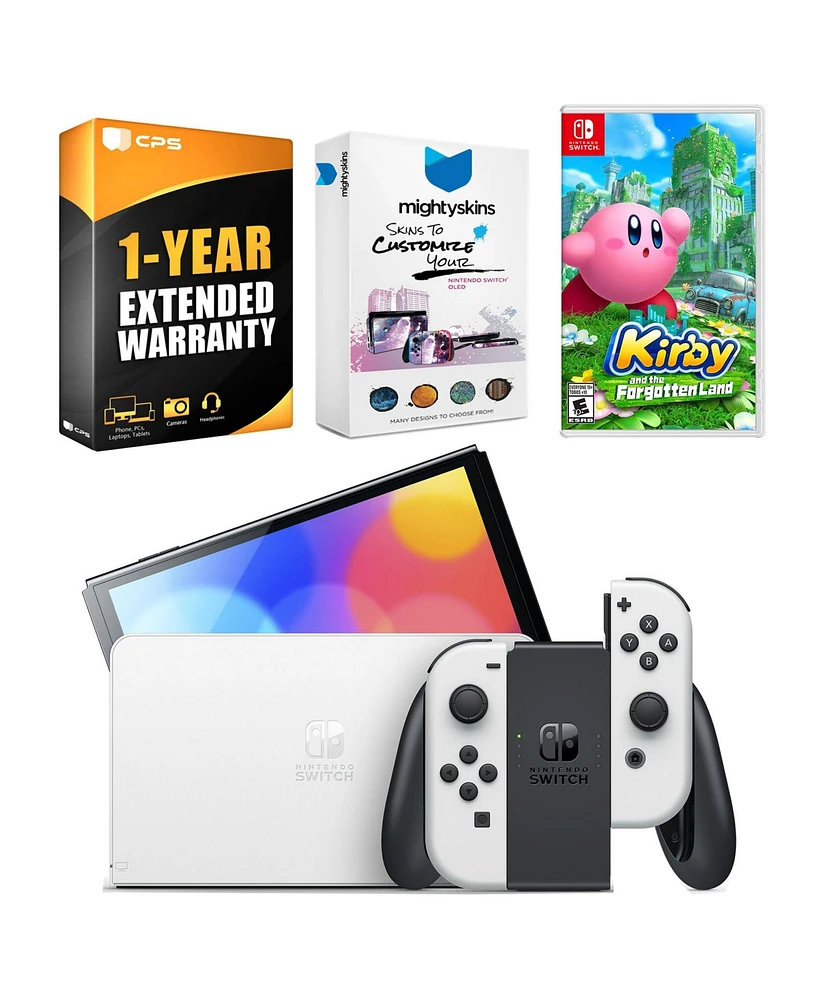 Nintendo Switch White Oled Console with Kirby and the Forgotten Land, MightySkins Console and Controller Skin Voucher