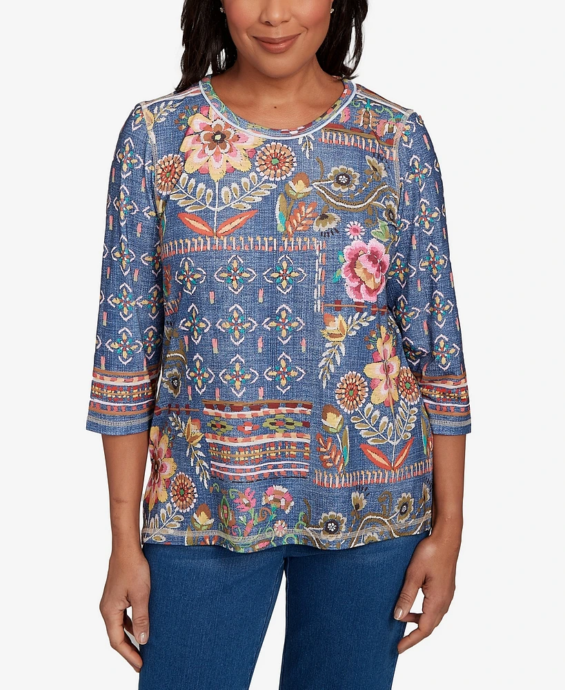 Alfred Dunner Petite El Paso Mixed Pattern Floral Patch Top