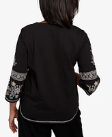 Alfred Dunner Petite Santa Barbara Beaded Neck Embroidered Sleeve Top