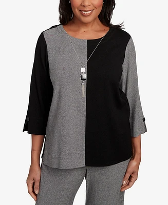 Alfred Dunner Petite Santa Barbara Center Sliced Crew Neck Top with Necklace
