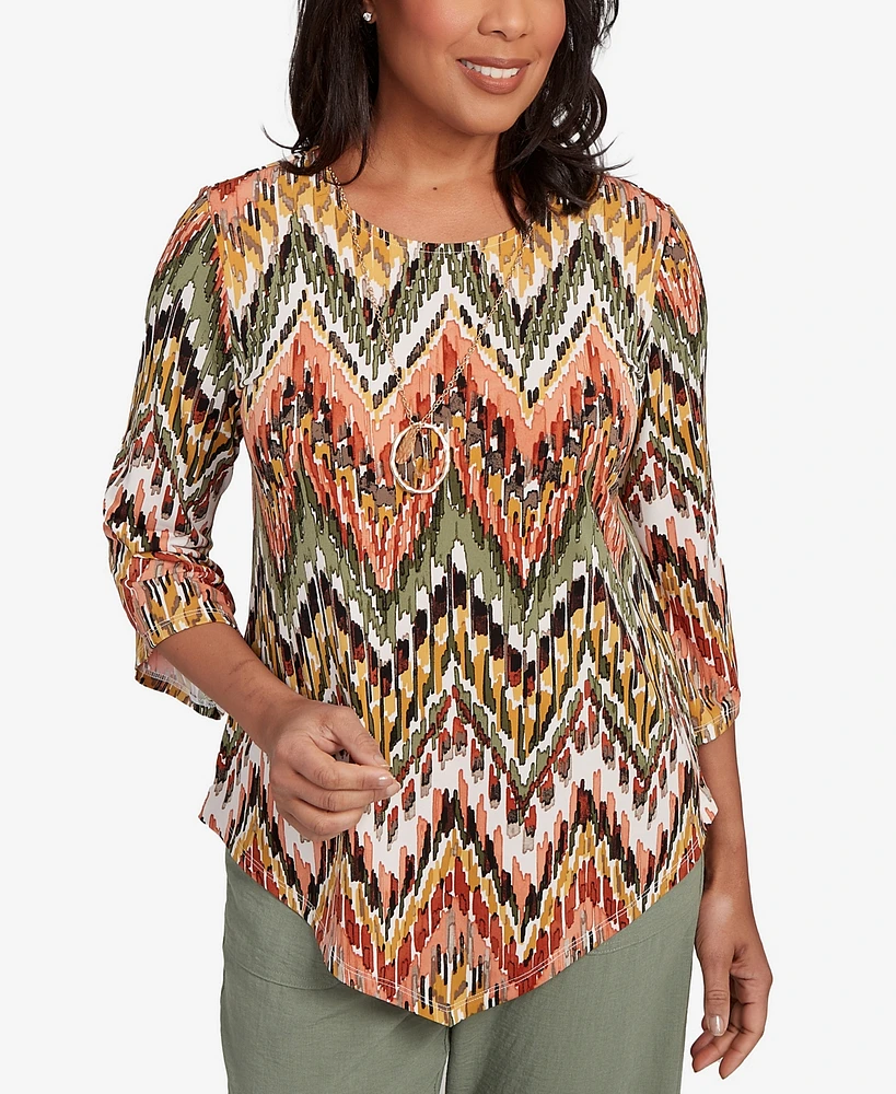 Alfred Dunner Petite Copper Canyon Ikat Chevron Crew Neck Top with Necklace