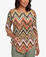 Alfred Dunner Petite Copper Canyon Ikat Chevron Crew Neck Top with Necklace