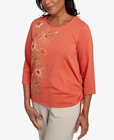 Alfred Dunner Petite Copper Canyon Asymmetric Floral Embroidered Tie Ruching Top