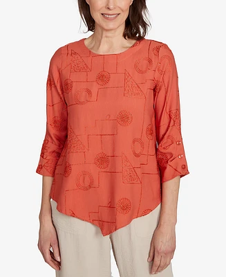 Alfred Dunner Petite Copper Canyon Metallic Embroidered Geometric Top