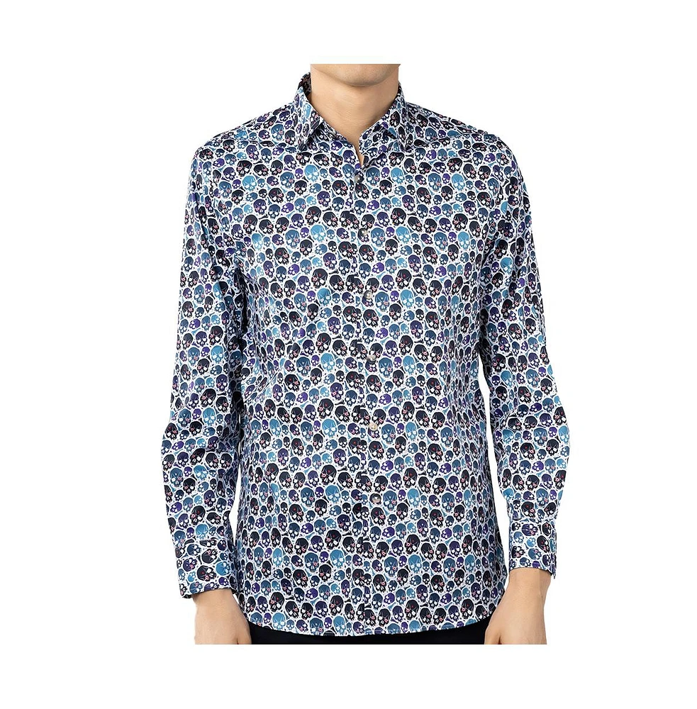 Luchiano Visconti Men's White with Teal Multicolor Skull shirt