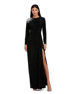 Mac Duggal Women's Jersey Long Sleeve Wrap Gown With Beaded Shoulder