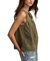 Lucky Brand Women's Embroidered Cotton Tie-Neck Top