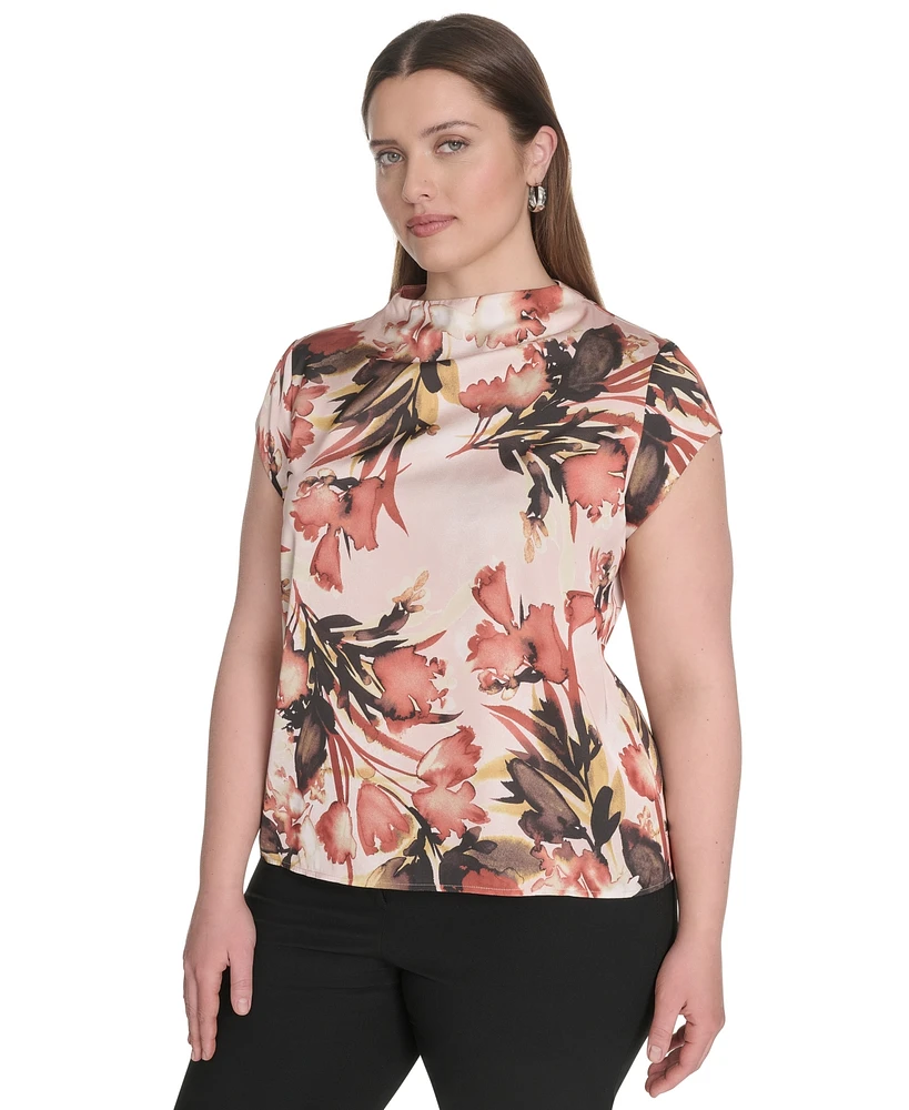 Calvin Klein Plus Printed Mock-Neck Cap-Sleeve Top