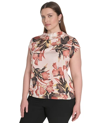 Calvin Klein Plus Printed Mock-Neck Cap-Sleeve Top