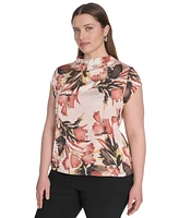 Calvin Klein Plus Printed Mock-Neck Cap-Sleeve Top