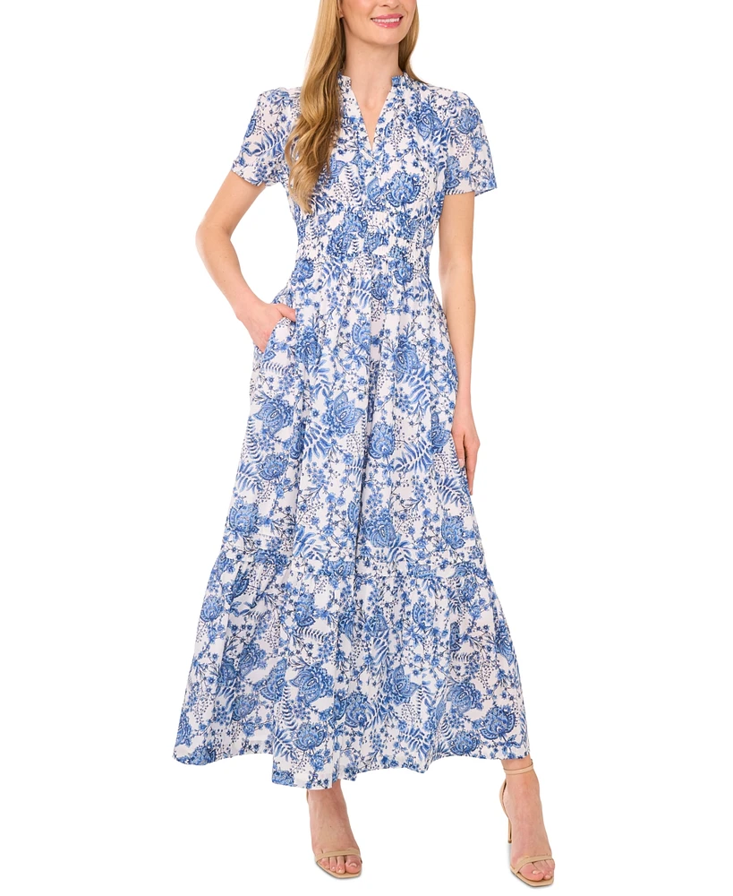 CeCe Women's Floral V-Neck Short-Sleeve Maxi Dress
