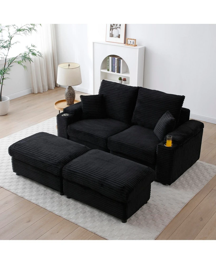 Loveseat with Ottomans,Corduroy Fabric Modular Sectional Sofa,Comfy Deep Plush Couch with Ottomans and Two Pillows,for Small Spaces, Living Room,Bedro