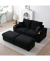Loveseat with Ottomans,Corduroy Fabric Modular Sectional Sofa,Comfy Deep Plush Couch with Ottomans and Two Pillows,for Small Spaces, Living Room,Bedro