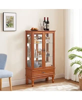 Lighted Glass Cabinet Glass Wine Cabinet Curio Display Cabinet with Adjustable Glass Shelves 2 Doors and 1 drawer Cabinet Bulb Included Oak