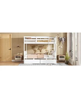 Twin Bunk Bed with 2 Drawers, Convertible Twin Beds, Ladder, Guardrails, White