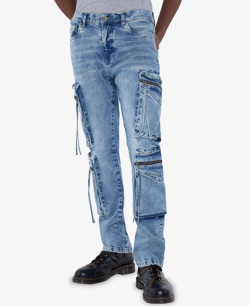Raw X Men's All Over Zipper Cargo Pocket Straight Fit Fashion Jeans
