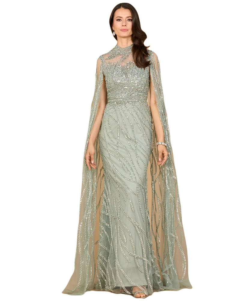 Lara Women's High Neck Gown with Long Cape Sleeves