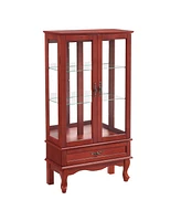 Lighted Glass Cabinet Glass Wine Cabinet Curio Display Cabinet with Adjustable Glass Shelves 2 Doors and 1 drawer Cabinet Bulb Included Cherry