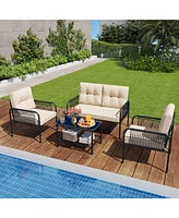 4 Pcs Patio Furniture Set with Loveseat Tempered Glass Coffee Table & Soft Cushions