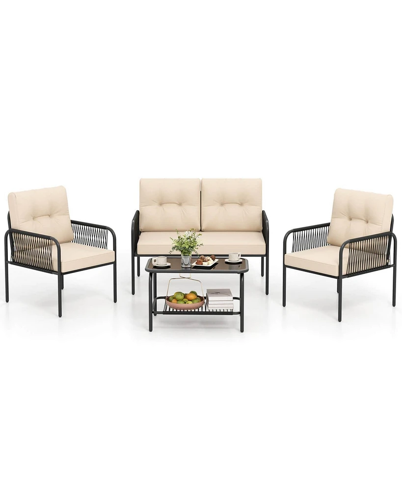 4 Pcs Patio Furniture Set with Loveseat Tempered Glass Coffee Table & Soft Cushions
