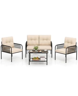 4 Pcs Patio Furniture Set with Loveseat Tempered Glass Coffee Table & Soft Cushions