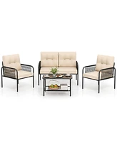 4 Pcs Patio Furniture Set with Loveseat Tempered Glass Coffee Table & Soft Cushions