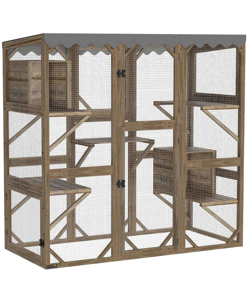 PawHut 59" Catio Outdoor Cat Enclosure, Wooden Window Cat House,