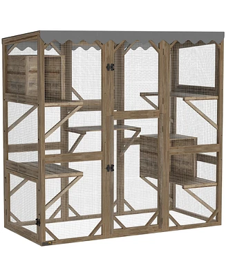 PawHut 59" Catio Outdoor Cat Enclosure, Wooden Window Cat House,