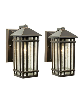 J du J Sierra Craftsman Mission Outdoor Wall Lights Set of 2 Rubbed Bronze Metal 10 1/2" Seedy Glass Panels for Post Exterior Barn Deck House Por
