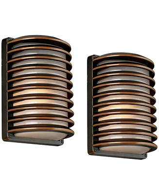 Modern Industrial Outdoor Wall Lights Fixtures Set of 2 Rubbed Bronze 10" Frosted Grid Glass for Exterior House Porch Patio Outside Deck Garage Y