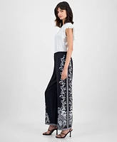 T Tahari Women's Wide-Leg Leaf-Print Straight-Leg Pants