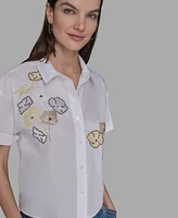 Karl Lagerfeld Paris Petite Cotton Embroidered Studded Blouse