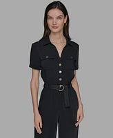 Karl Lagerfeld Paris Petite Belted Short-Sleeve Button-Front Jumpsuit
