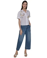 Karl Lagerfeld Paris Women's Embroidered Floral Camp Shirt