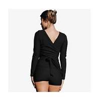 Calypsa Women's Avery 2-Piece Long Sleeve Wrap Swim Set With Reversible Top and Tummy Control Shorts