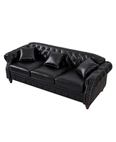 85.8" Chesterfield Sofa - Tufted Faux Leather - Black