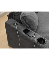 L Shape Corduroy Sofa w/ Usb, Cup Holder & Footstool - Gray