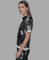 Karl Lagerfeld Paris Petite Floral Print Satin Button-Front Shirt