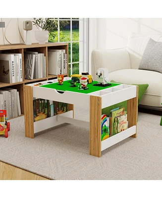Kids 2 in 1 Play Table with 7 Storage Compartments,Compatible with Lego Building Block,Modern Activity Learning Table Game Furniture-White